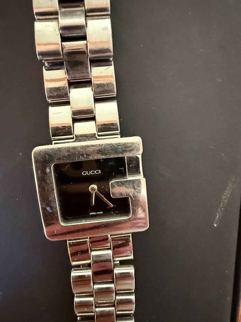 Gucci Silver Stainless Steel G-Frame Watch with Black Dial, woman
